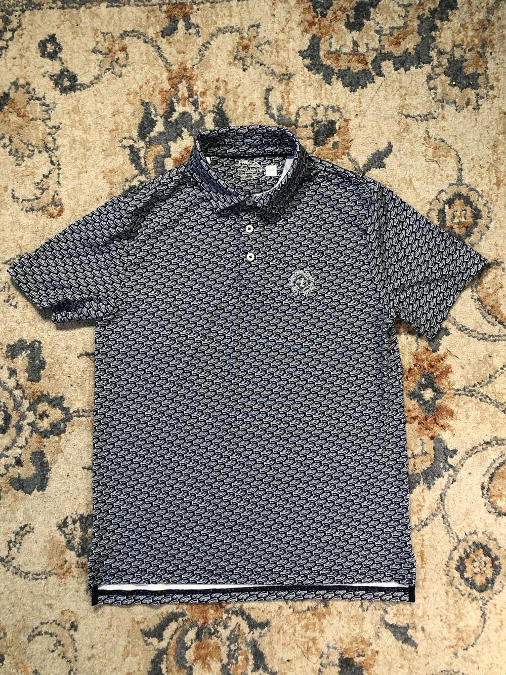 RLX Ralph Lauren Polo Shirt Boys L Blue Boat Print Golf Performance Short Sleeve